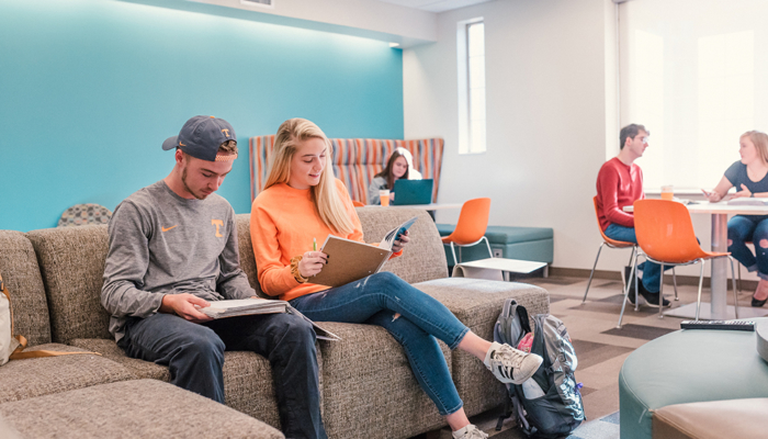 Students studying in residence hall lobby