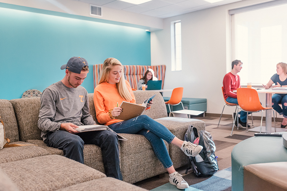 Students studying in residence hall lobby